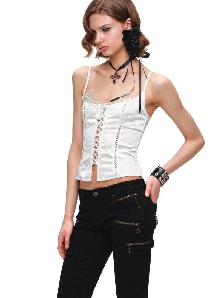 Faux Layered Lace-Up Satin Lace Fishbone Camisole【s0000016575】