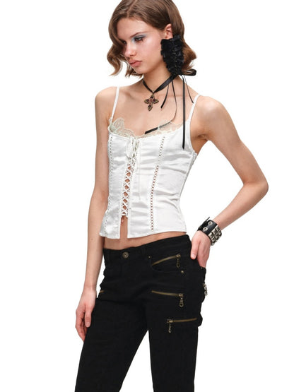 Faux Layered Lace-Up Satin Lace Fishbone Camisole【s0000016575】