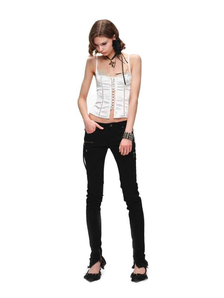 Faux Layered Lace-Up Satin Lace Fishbone Camisole【s0000016575】