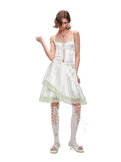 Faux Layered Lace-Up Satin Lace Fishbone Camisole【s0000016575】
