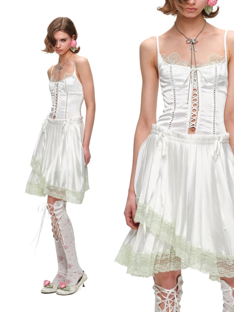Faux Layered Lace-Up Satin Lace Fishbone Camisole【s0000016575】