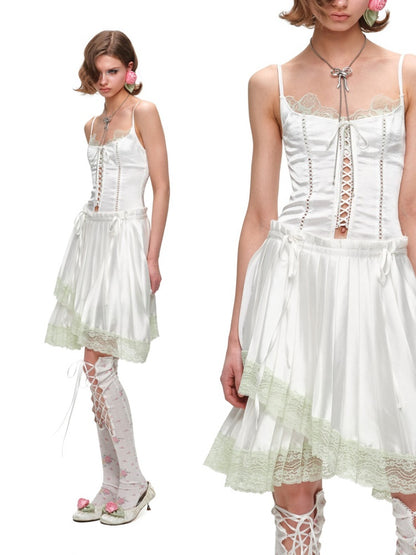 Faux Layered Lace-Up Satin Lace Fishbone Camisole【s0000016575】
