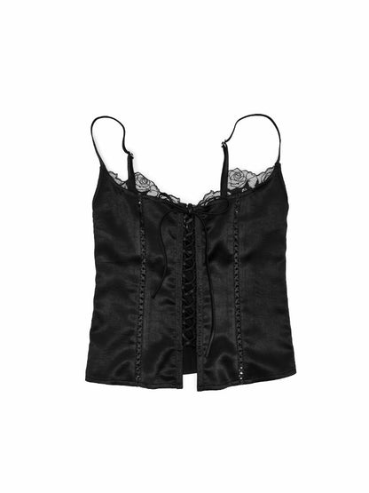 Faux Layered Lace-Up Satin Lace Fishbone Camisole【s0000016575】