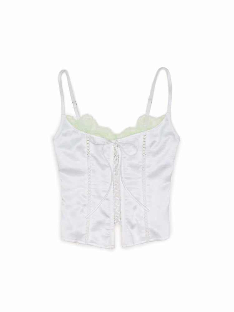 Faux Layered Lace-Up Satin Lace Fishbone Camisole【s0000016575】