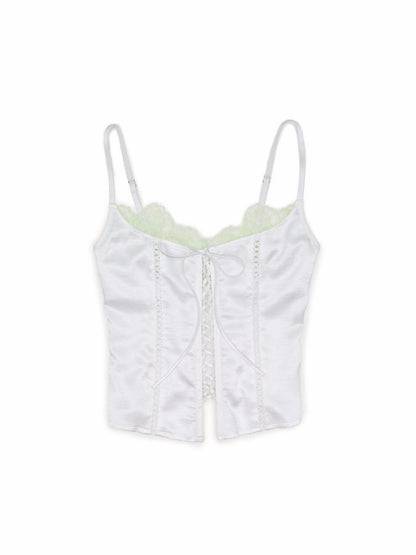 Faux Layered Lace-Up Satin Lace Fishbone Camisole【s0000016575】