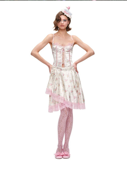 Faux Layered Lace-Up Satin Lace Fishbone Camisole【s0000016575】