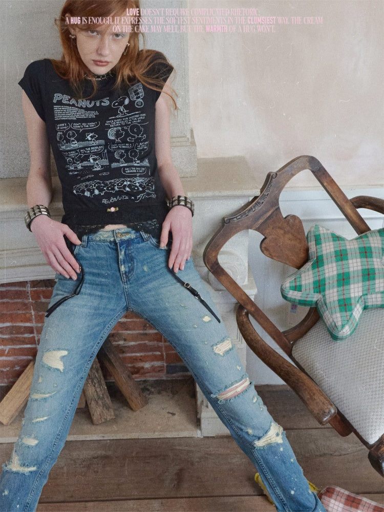 Randomly Distressed Skinny Jeans【s0000016578】