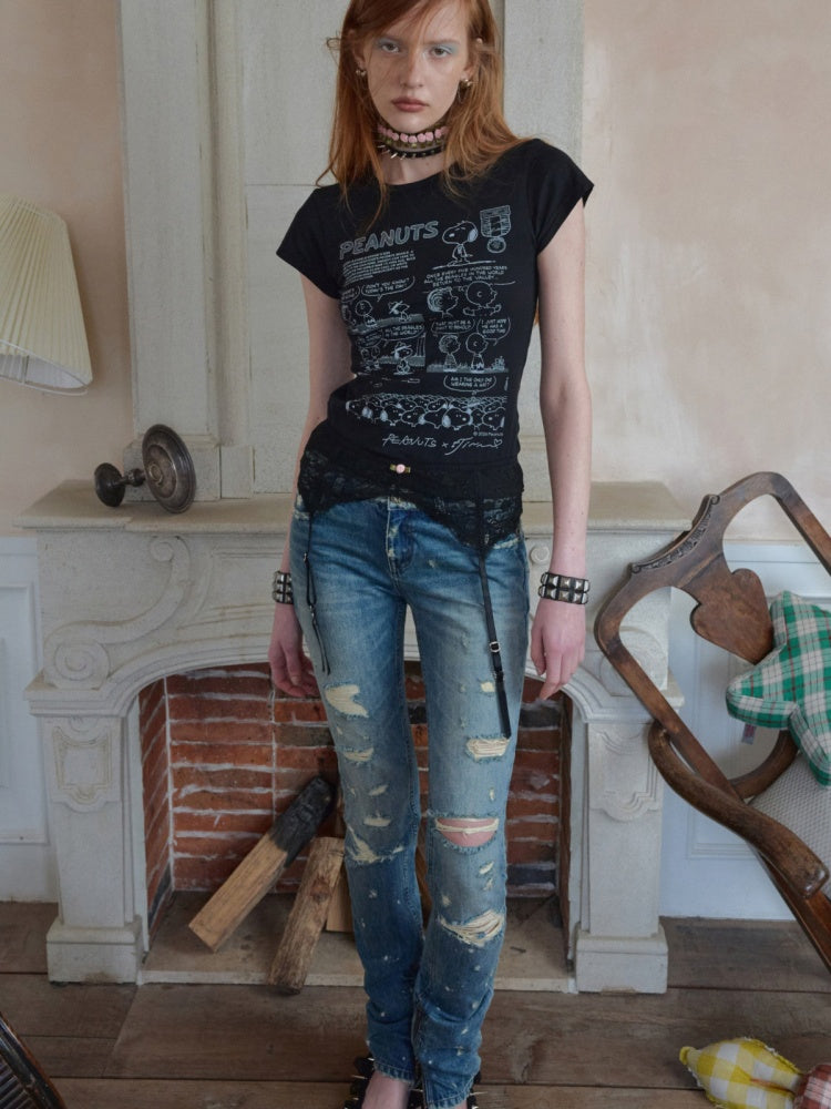 Randomly Distressed Skinny Jeans【s0000016578】