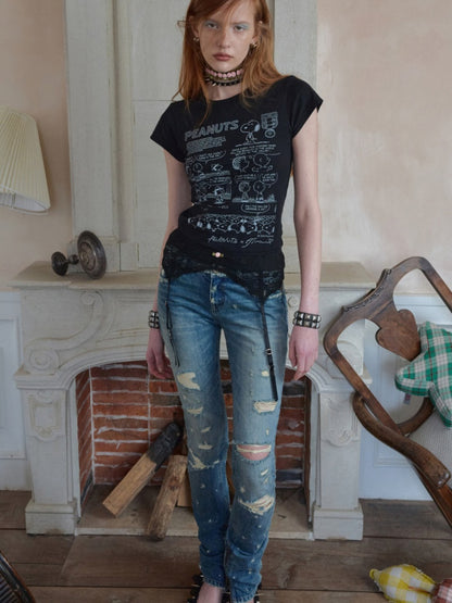 Randomly Distressed Skinny Jeans【s0000016578】