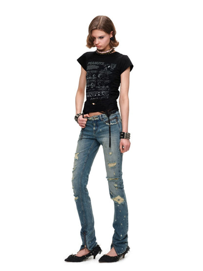 Randomly Distressed Skinny Jeans【s0000016578】