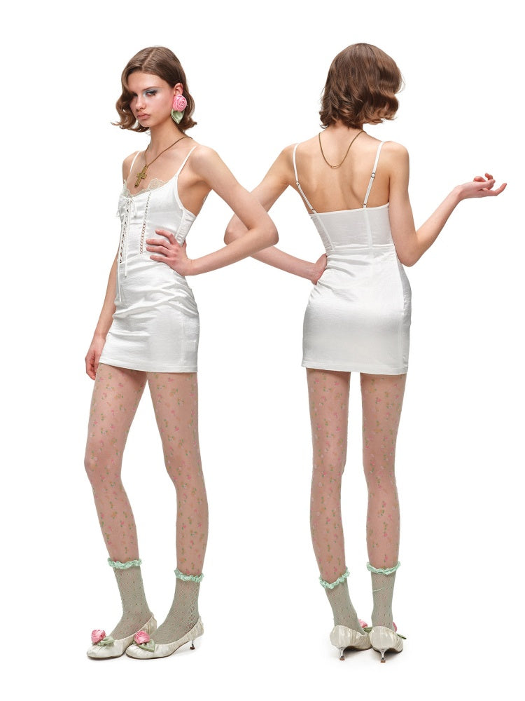 Satin Fishbone Faux Layered Cut-Out Slip Dress 【s0000016580】