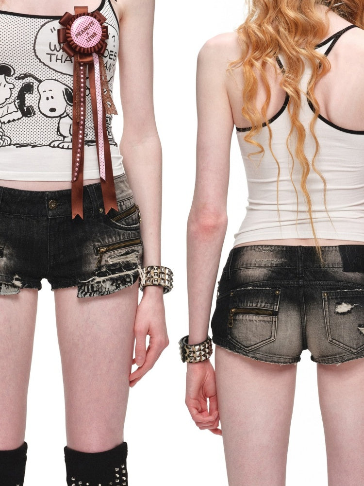 Old Zipper Hole Worn Out Slim Denim Hot Pants 【s0000016582】