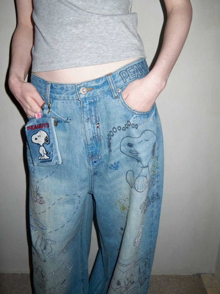 1JINN STUDIOx SNOOPY Collaboration Graffiti Rhinestone Jeans【s0000016583】