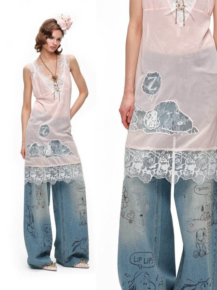 1JINN STUDIOx SNOOPY Collaboration Graffiti Rhinestone Jeans【s0000016583】