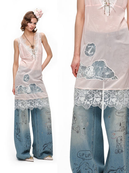 1JINN STUDIOx SNOOPY Collaboration Graffiti Rhinestone Jeans【s0000016583】