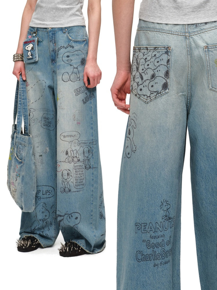 1JINN STUDIOx SNOOPY Collaboration Graffiti Rhinestone Jeans【s0000016583】