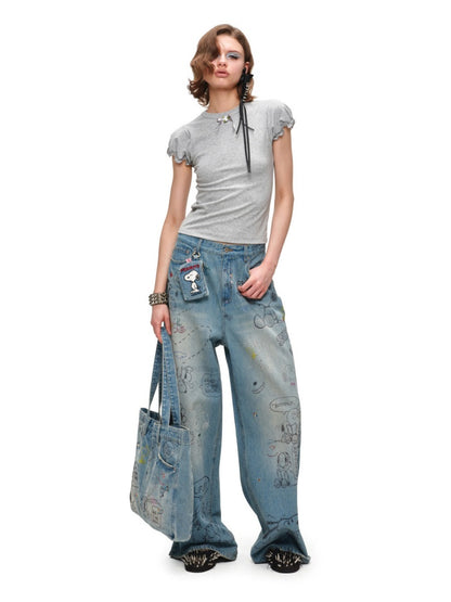 1JINN STUDIOx SNOOPY Collaboration Graffiti Rhinestone Jeans【s0000016583】