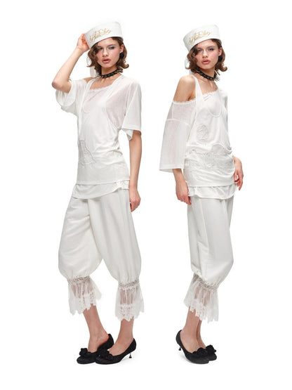 Home Casual Solid Color Lace Cropped Lantern Pants【s0000016584】