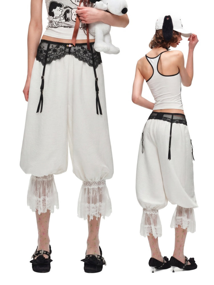 Home Casual Solid Color Lace Cropped Lantern Pants【s0000016584】