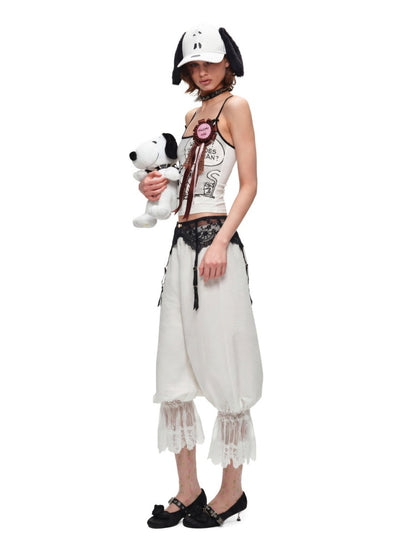 Home Casual Solid Color Lace Cropped Lantern Pants【s0000016584】