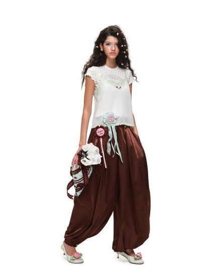Resort Solid Color Loose Satin Balloon Trousers 【s0000016585】