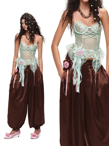 Resort Solid Color Loose Satin Balloon Trousers 【s0000016585】
