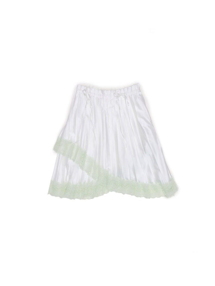 High-Gloss Satin Lace Splicing Asymmetrical Pleated Mid Skirt【s0000016587】