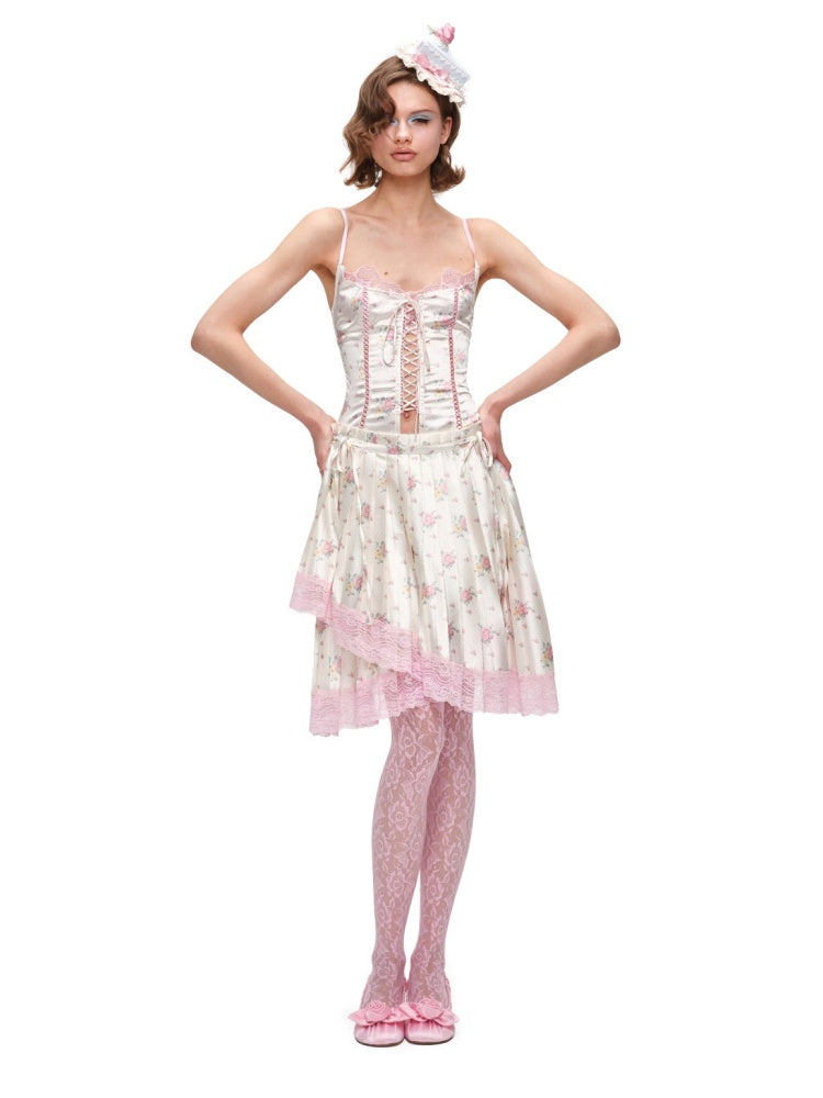 High-Gloss Satin Lace Splicing Asymmetrical Pleated Mid Skirt【s0000016587】