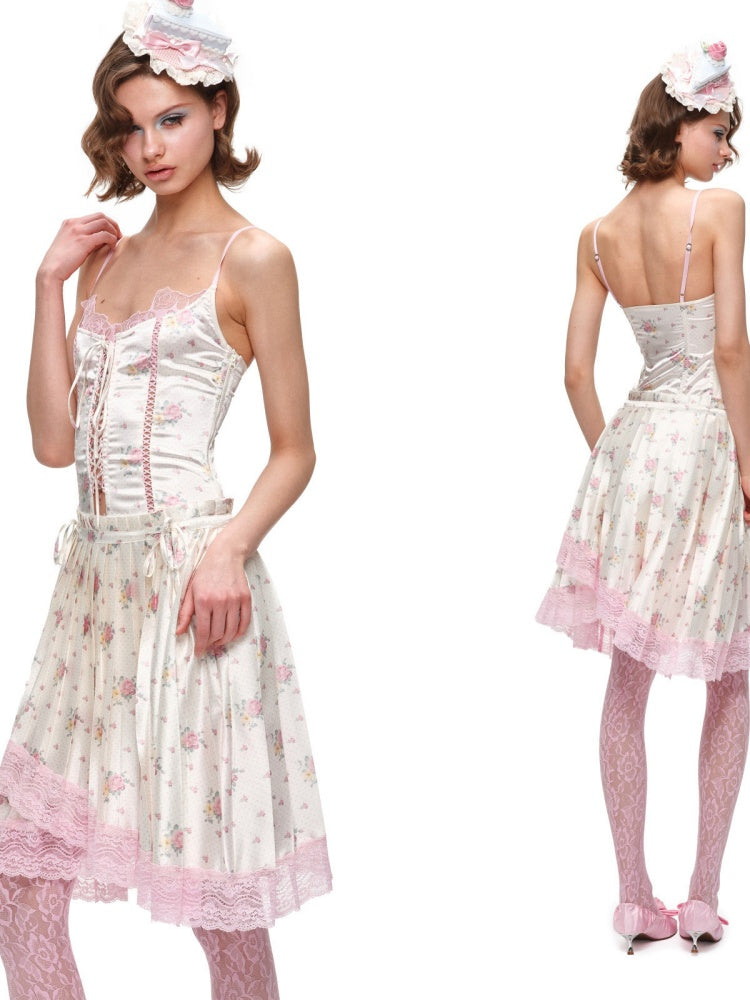 High-Gloss Satin Lace Splicing Asymmetrical Pleated Mid Skirt【s0000016587】