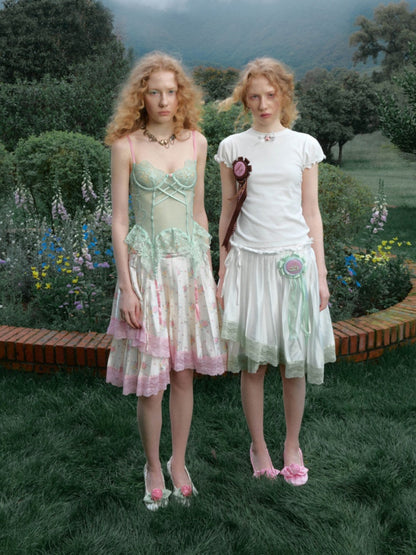 High-Gloss Satin Lace Splicing Asymmetrical Pleated Mid Skirt【s0000016587】