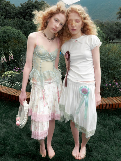 High-Gloss Satin Lace Splicing Asymmetrical Pleated Mid Skirt【s0000016587】