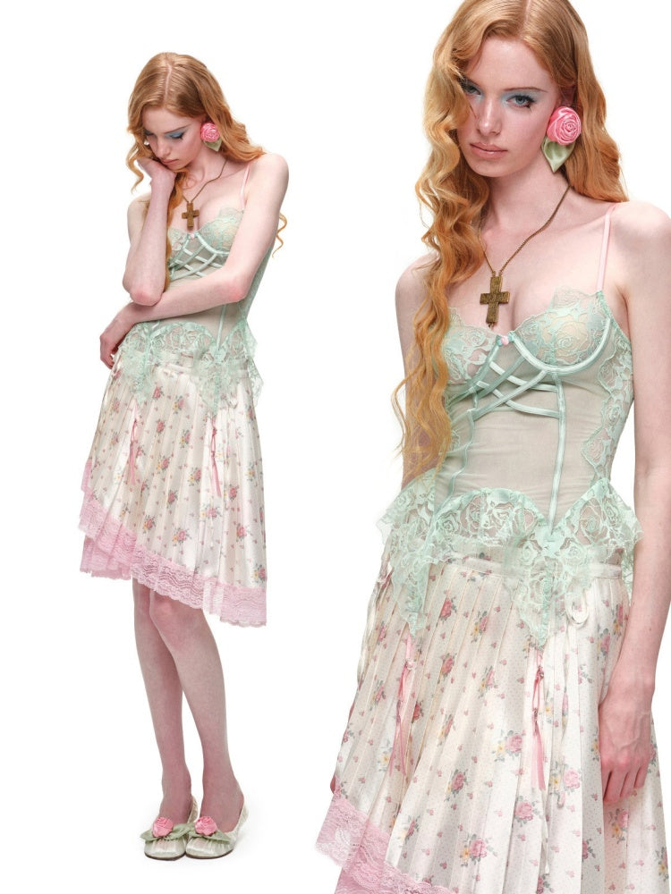 High-Gloss Satin Lace Splicing Asymmetrical Pleated Mid Skirt【s0000016587】