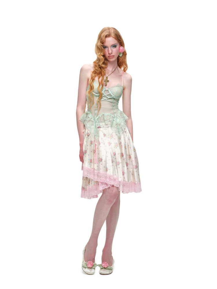 High-Gloss Satin Lace Splicing Asymmetrical Pleated Mid Skirt【s0000016587】