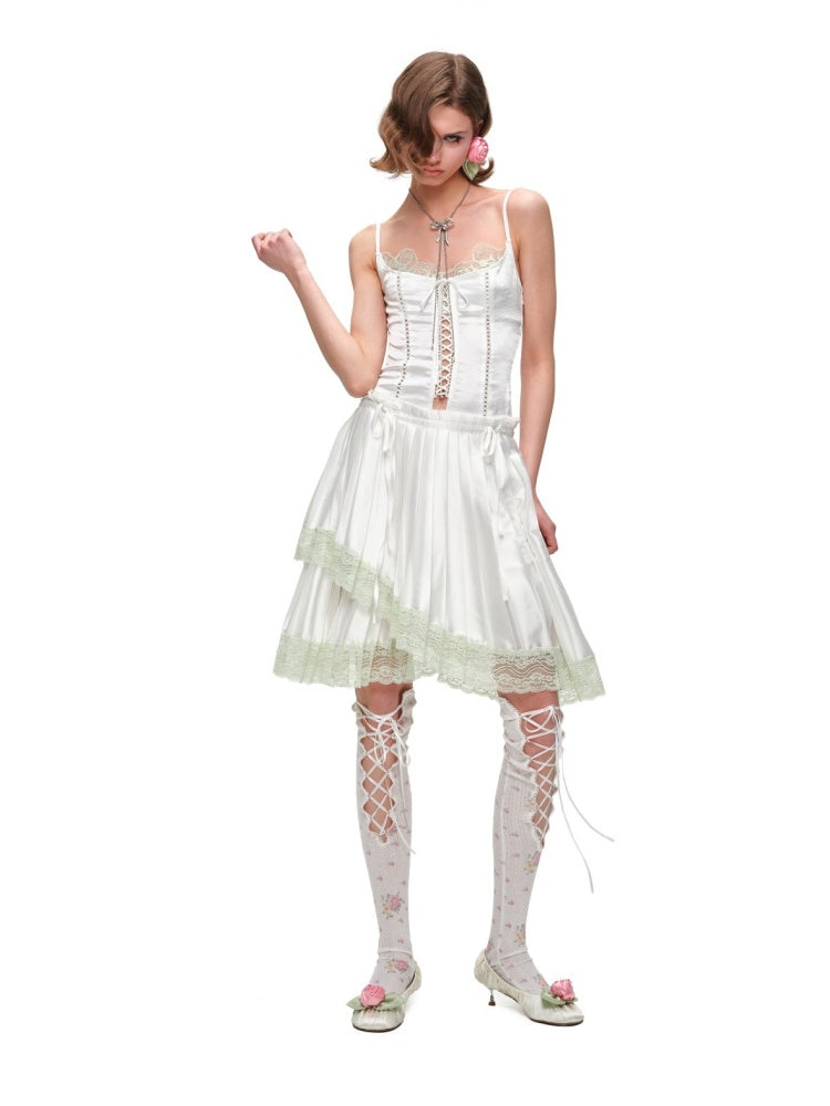 High-Gloss Satin Lace Splicing Asymmetrical Pleated Mid Skirt【s0000016587】