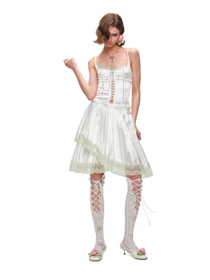 High-Gloss Satin Lace Splicing Asymmetrical Pleated Mid Skirt【s0000016587】
