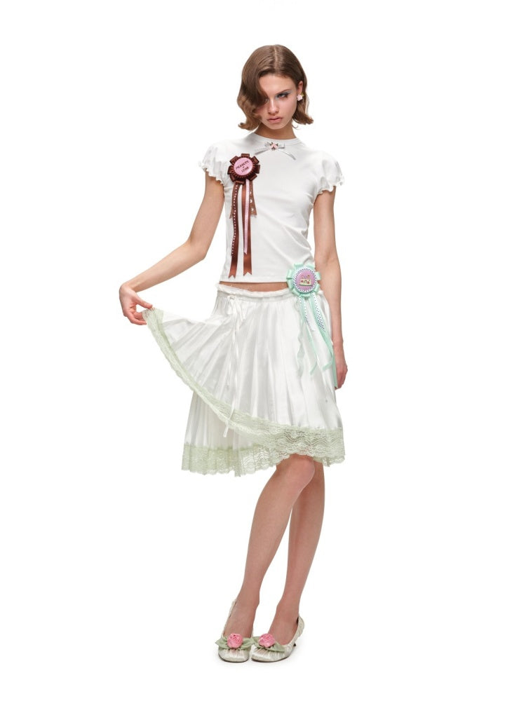 High-Gloss Satin Lace Splicing Asymmetrical Pleated Mid Skirt【s0000016587】