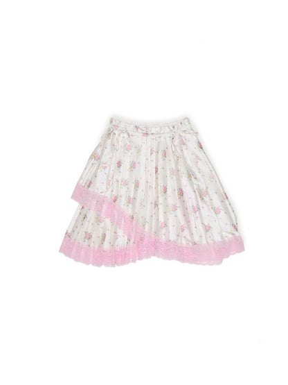High-Gloss Satin Lace Splicing Asymmetrical Pleated Mid Skirt【s0000016587】