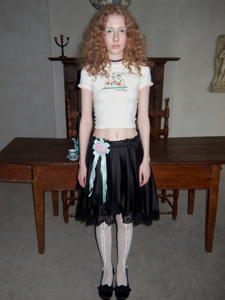 High-Gloss Satin Lace Splicing Asymmetrical Pleated Mid Skirt【s0000016587】