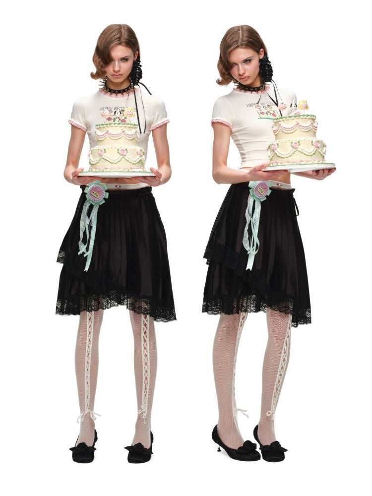 High-Gloss Satin Lace Splicing Asymmetrical Pleated Mid Skirt【s0000016587】