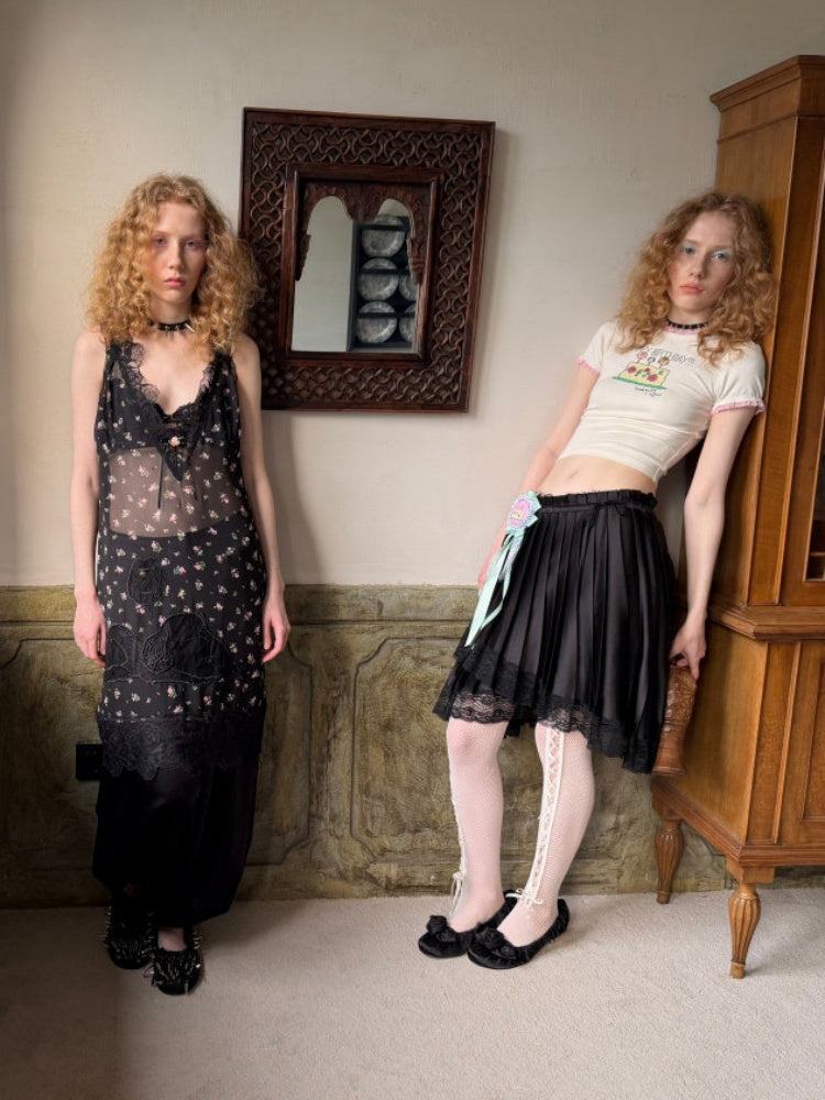 High-Gloss Satin Lace Splicing Asymmetrical Pleated Mid Skirt【s0000016587】