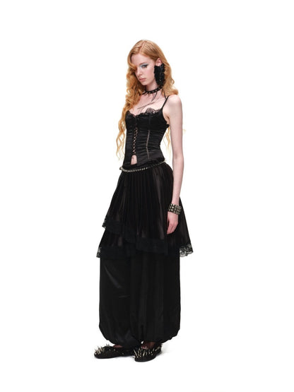 High-Gloss Satin Lace Splicing Asymmetrical Pleated Mid Skirt【s0000016587】