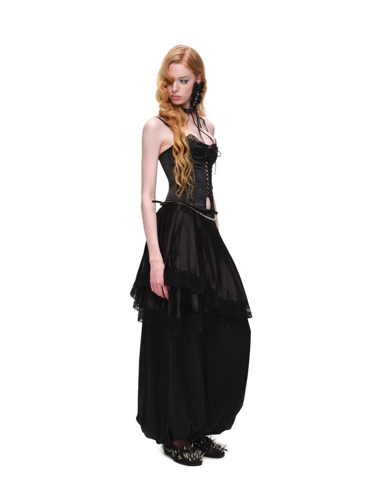 High-Gloss Satin Lace Splicing Asymmetrical Pleated Mid Skirt【s0000016587】