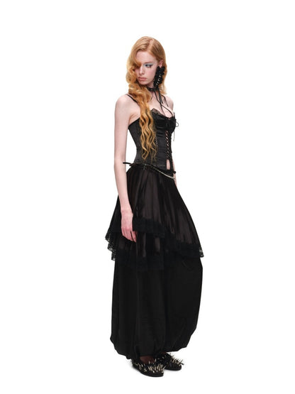 High-Gloss Satin Lace Splicing Asymmetrical Pleated Mid Skirt【s0000016587】