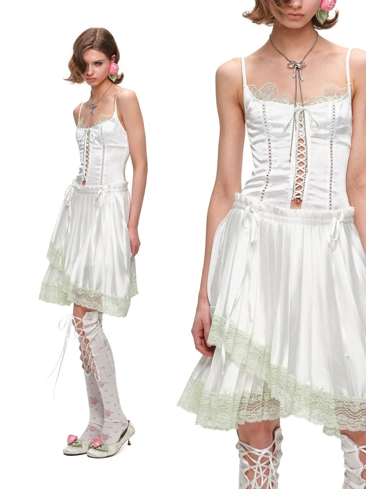 High-Gloss Satin Lace Splicing Asymmetrical Pleated Mid Skirt【s0000016587】