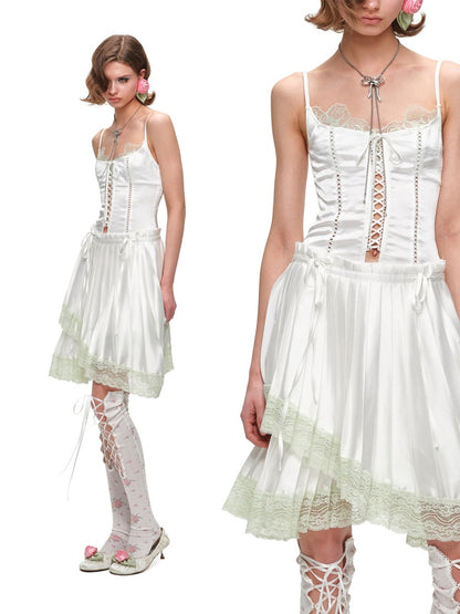 High-Gloss Satin Lace Splicing Asymmetrical Pleated Mid Skirt【s0000016587】