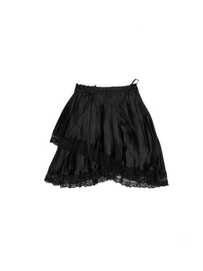 High-Gloss Satin Lace Splicing Asymmetrical Pleated Mid Skirt【s0000016587】