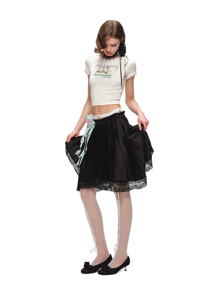 High-Gloss Satin Lace Splicing Asymmetrical Pleated Mid Skirt【s0000016587】