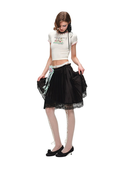High-Gloss Satin Lace Splicing Asymmetrical Pleated Mid Skirt【s0000016587】