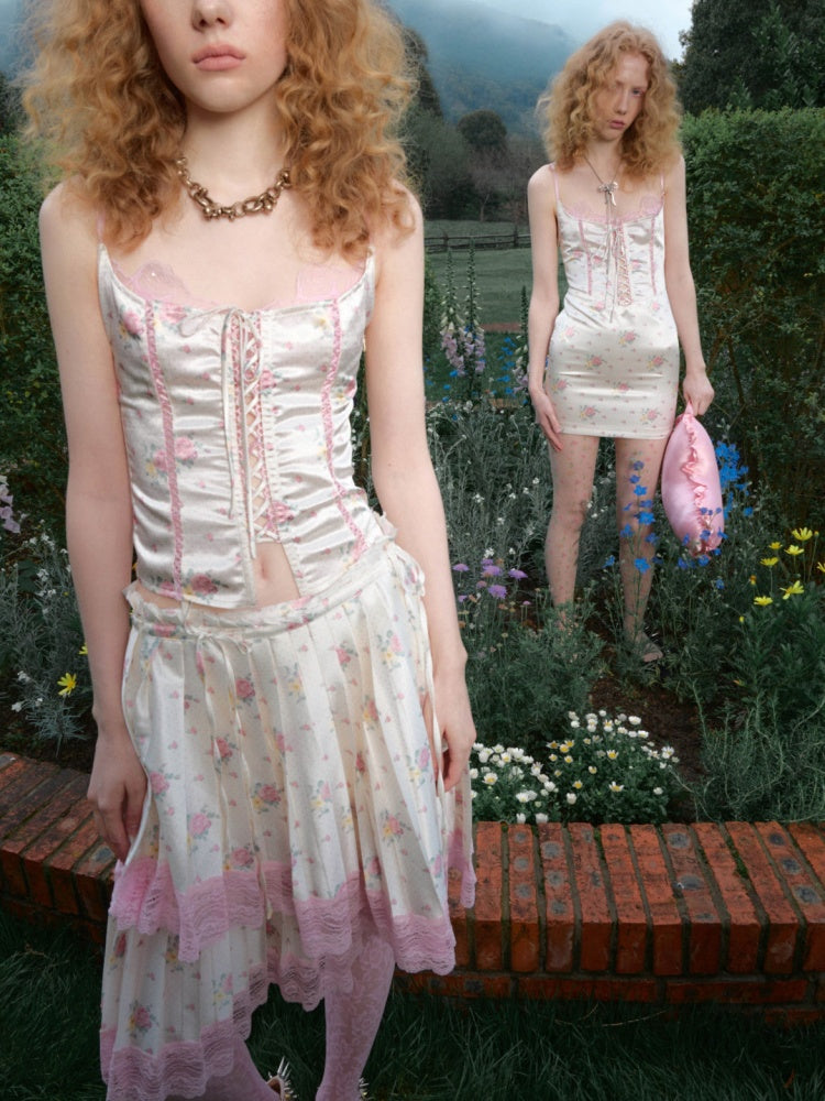 High-Gloss Satin Lace Splicing Asymmetrical Pleated Mid Skirt【s0000016587】