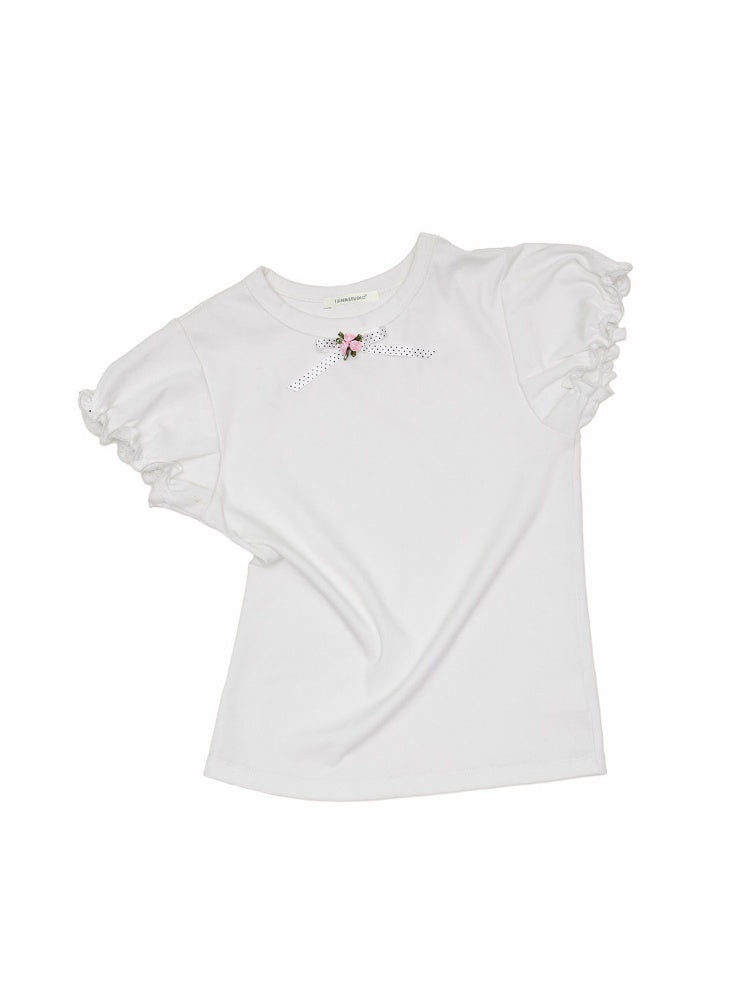 Rose Bow Puff Sleeve Solid Color Basic Short Sleeve T-Shirt【s0000016591】